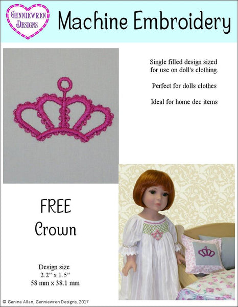 Genniewren Designs Free Crown Machine Embroidery Design For Doll Clothes