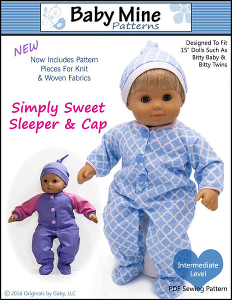 Simply Sweet Sleeper and Cap 15 inch Doll Clothes PDF Pattern Download