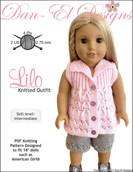 Dan El Designs Lilo Outfit Doll Clothes Knitting Pattern 18 Inch American Girl Dolls 2772