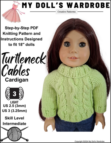 My Doll's Wardrobe Knitting Turtleneck Cables 18" Doll Clothes Knitting Pattern Pixie Faire