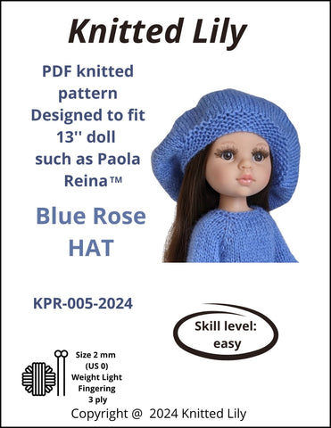 Knitted Lily Paola Reina Blue Rose Hat Knitting Pattern for 13" Paola Reina Dolls Pixie Faire