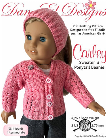 Dan-El Designs Knitting Carley Sweater and Ponytail Beanie 18" Doll Clothes Knitting Pattern Pixie Faire