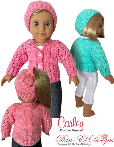 Dan-El Designs Knitting Carley Sweater and Ponytail Beanie 18" Doll Clothes Knitting Pattern Pixie Faire