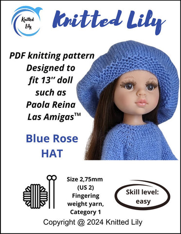 Knitted Lily Paola Reina Blue Rose Hat Knitting Pattern for 13" Paola Reina Dolls Pixie Faire