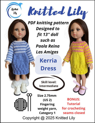 Kerria Dress Knitting Pattern for 13" Paola Reina Dolls