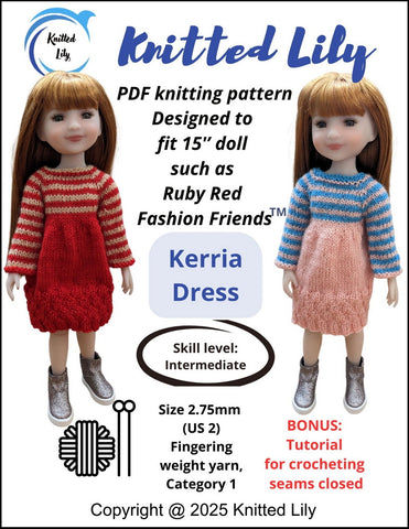 Knitted Lily Ruby Red Fashion Friends Kerria Dress Knitting Pattern for 15" Ruby Red Fashion Friends Dolls Pixie Faire