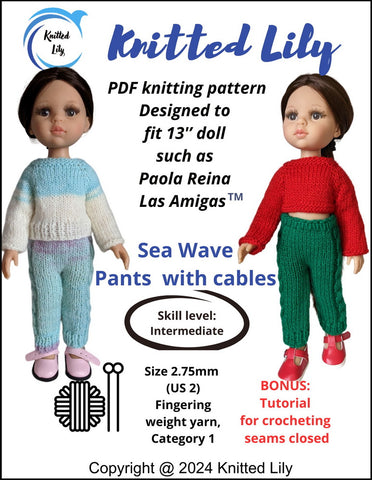 Knitted Lily Paola Reina Sea Wave Pants with Cables Knitting Pattern for 13" Paola Reina Dolls Pixie Faire