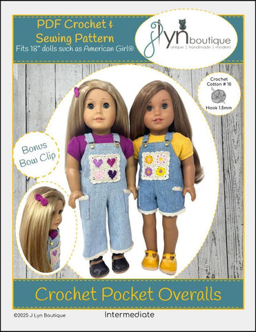 J Lyn Boutique 18 Inch Historical Crochet Pocket Overalls 18" Doll Clothes Pattern Pixie Faire