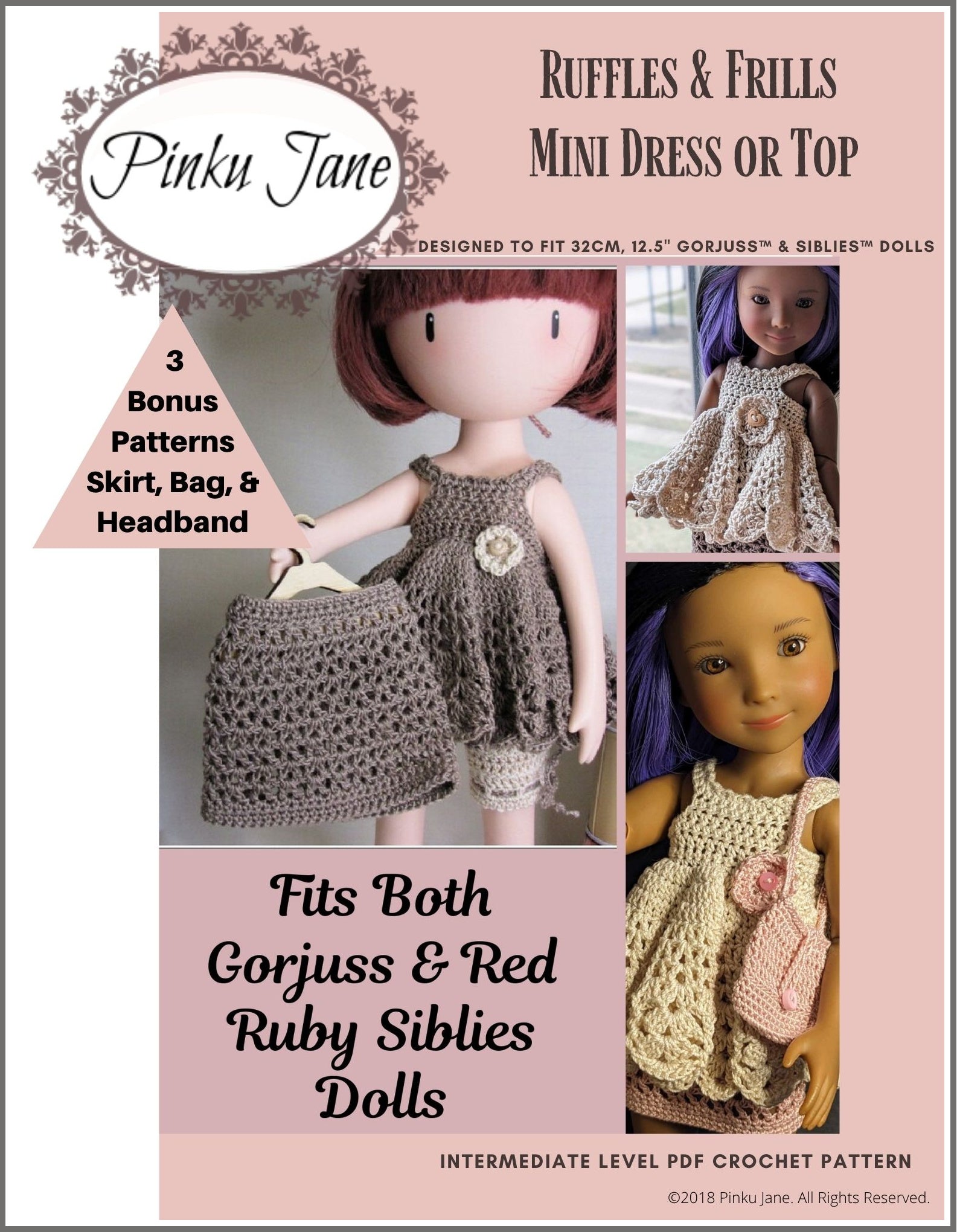 Pinku Jane Ruffles and Frills Mini Dress Doll Clothes Crochet Pattern For  12.5 Gorjuss & 12 Siblies™
