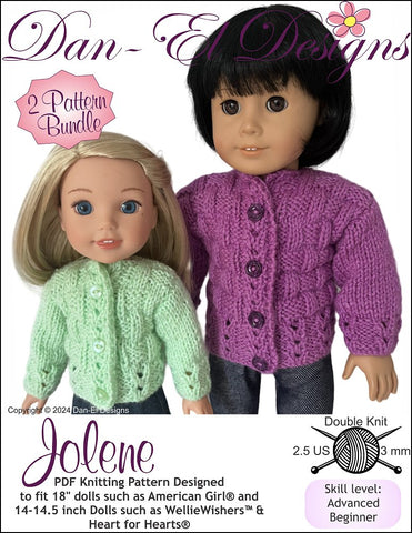 Dan-El Designs Knitting Jolene two size BUNDLE Doll Clothes Knitting Pattern 14-14.5" & 18" Pixie Faire