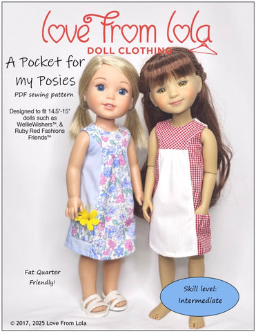 Love From Lola WellieWishers A Pocket For My Posies 14.5-15" Doll Clothes Pattern Pixie Faire