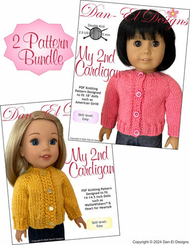 Dan-El Designs Knitting My 2nd Cardigan two size BUNDLE Doll Clothes Knitting Pattern Pixie Faire