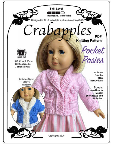 Crabapples Knitting Pocket Posies 18" Doll Clothes Knitting Pattern Pixie Faire