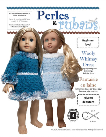 Perles & Rubans Knitting Wooly Whimsy Dress 18" Doll Clothes Knitting Pattern Pixie Faire
