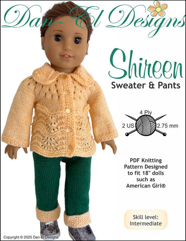 Dan-El Designs Knitting Shireen Sweater and Pants 18 inch Doll Clothes Knitting Pattern Pixie Faire