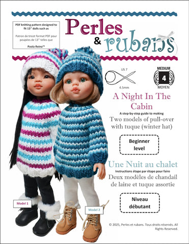 Perles & Rubans Knitting A Night in the Cabin Doll Clothes Knitting Pattern for 13" Paola Reina Dolls Pixie Faire