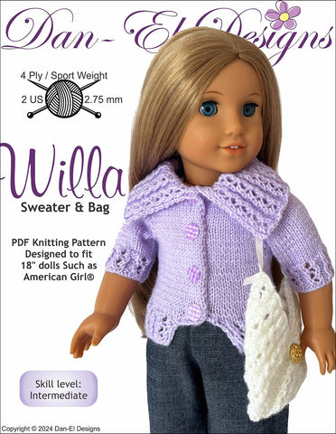 Dan-El Designs Knitting Willa Sweater and Bag 18" Doll Clothes Knitting Pattern Pixie Faire