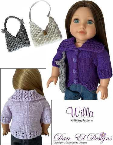 Dan-El Designs Knitting Willa Sweater and Bag 18" Doll Clothes Knitting Pattern Pixie Faire