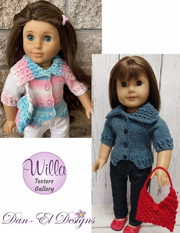 Dan-El Designs Knitting Willa Sweater and Bag 18" Doll Clothes Knitting Pattern Pixie Faire