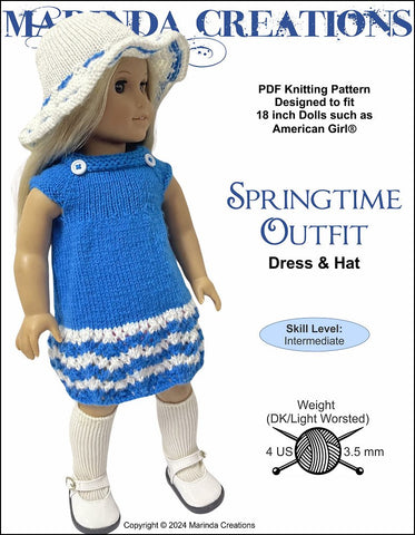 Marinda Creations Knitting Springtime Outfit Dress and Hat 18" Doll Knitting Pattern Pixie Faire