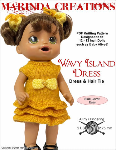 Marinda Creations Knitting Wavy Island Dress Doll Knitting Pattern for 12-13" Baby Dolls Pixie Faire