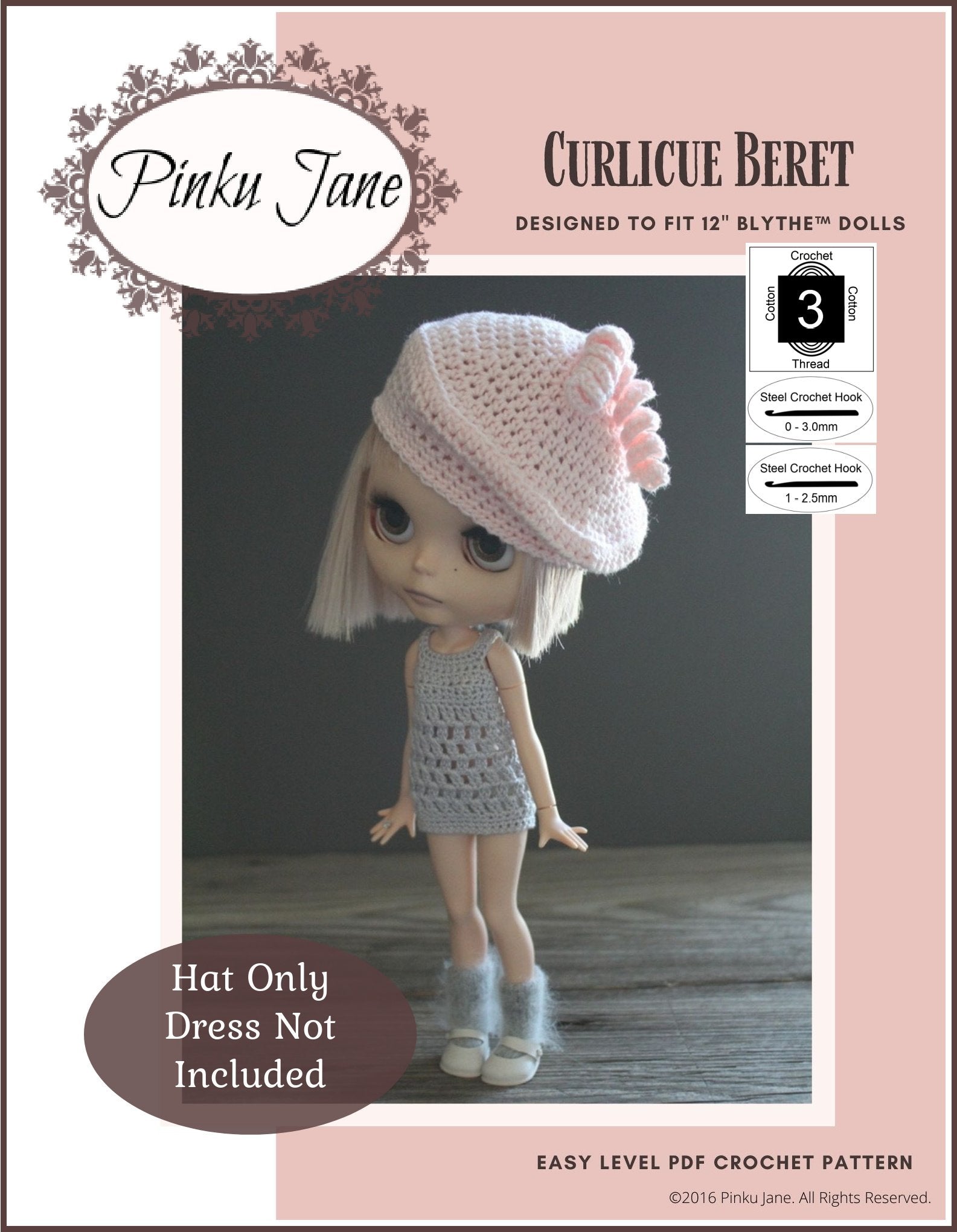 Pinku Jane Curlicue Beret Doll Clothes Crochet Pattern For 12 Blythe™ Dolls