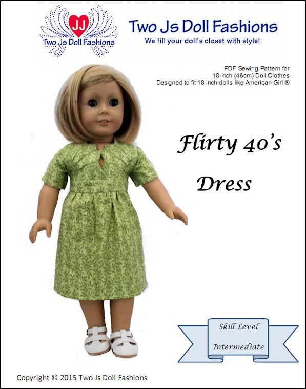 Two Js Doll Fashions Flirty 40s Dress Doll Clothes Pattern 18 inch