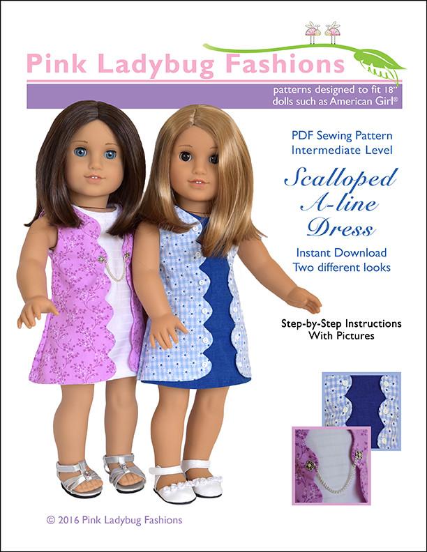 Pink Ladybug Scalloped A-line Dress Doll Clothes Pattern 18 inch American  Girl Dolls